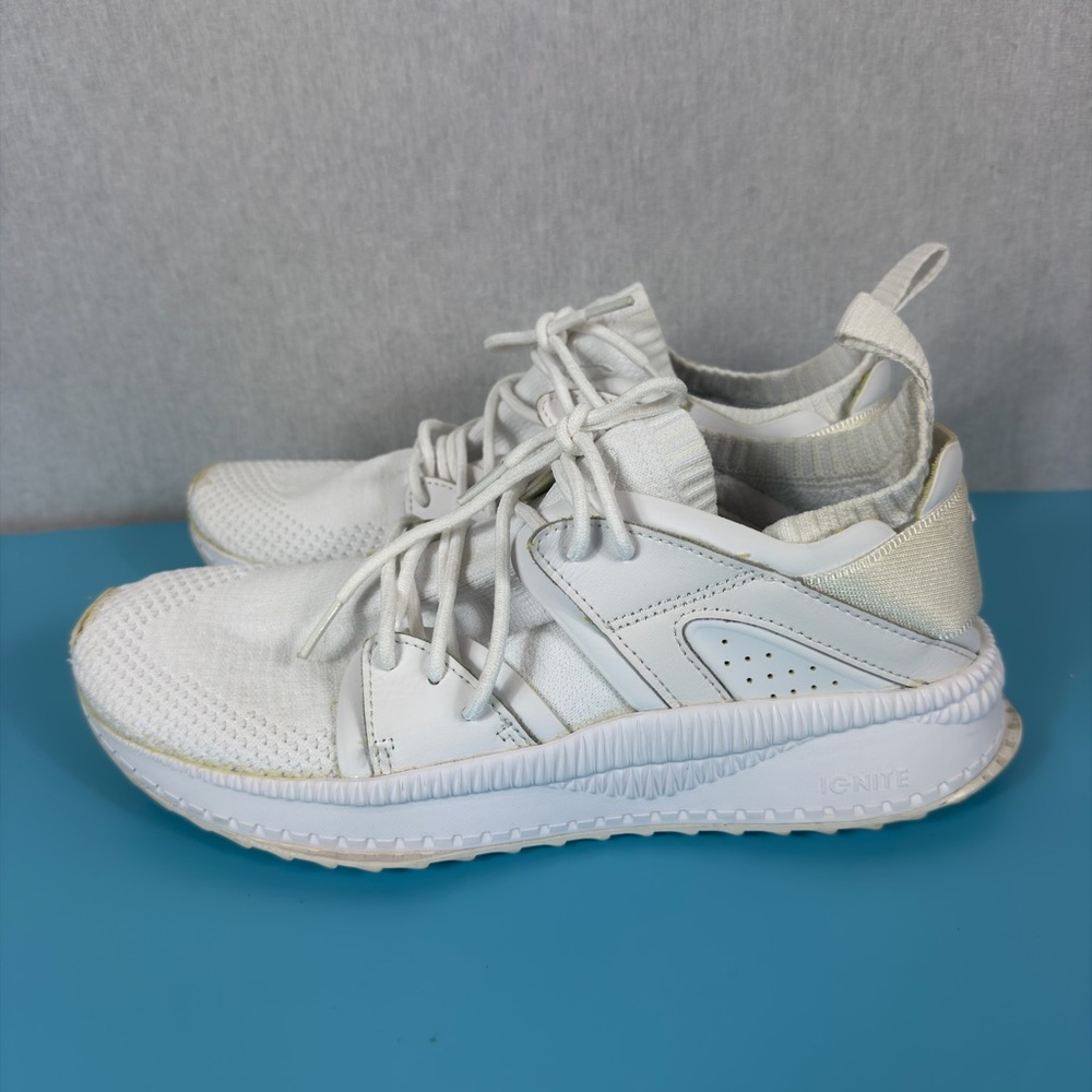 Puma Tsugi Blaze Evoknit sneakers in a triple-white colorway.